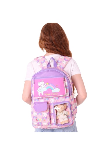 Elatae Su Geçirmez Kumaş Kız Çocuk Çok Gözlü Ortopedik Sırt Okul Çantası L5241 Pembe