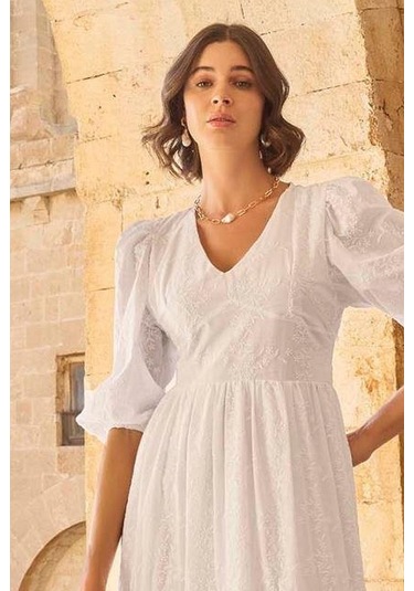 Monamise 23077 Kadın Truvakal Kol V Yaka Elbise-beyaz Beyaz