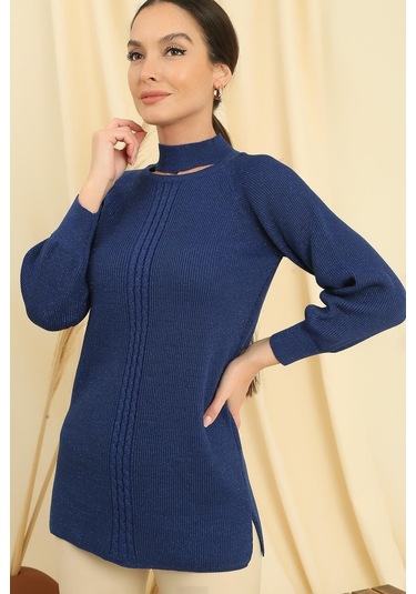 Boyun Dekolteli Saç Örgülü Desen Büyük Beden Spor Tunik Kazak-35203 - Saks