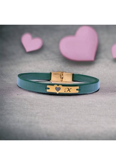 Archin K Harfine Özel Kalp Figürlü 14 Ayar Altın Plakalı Hakiki Yeşil Derili Hediye Bileklik-573harf K