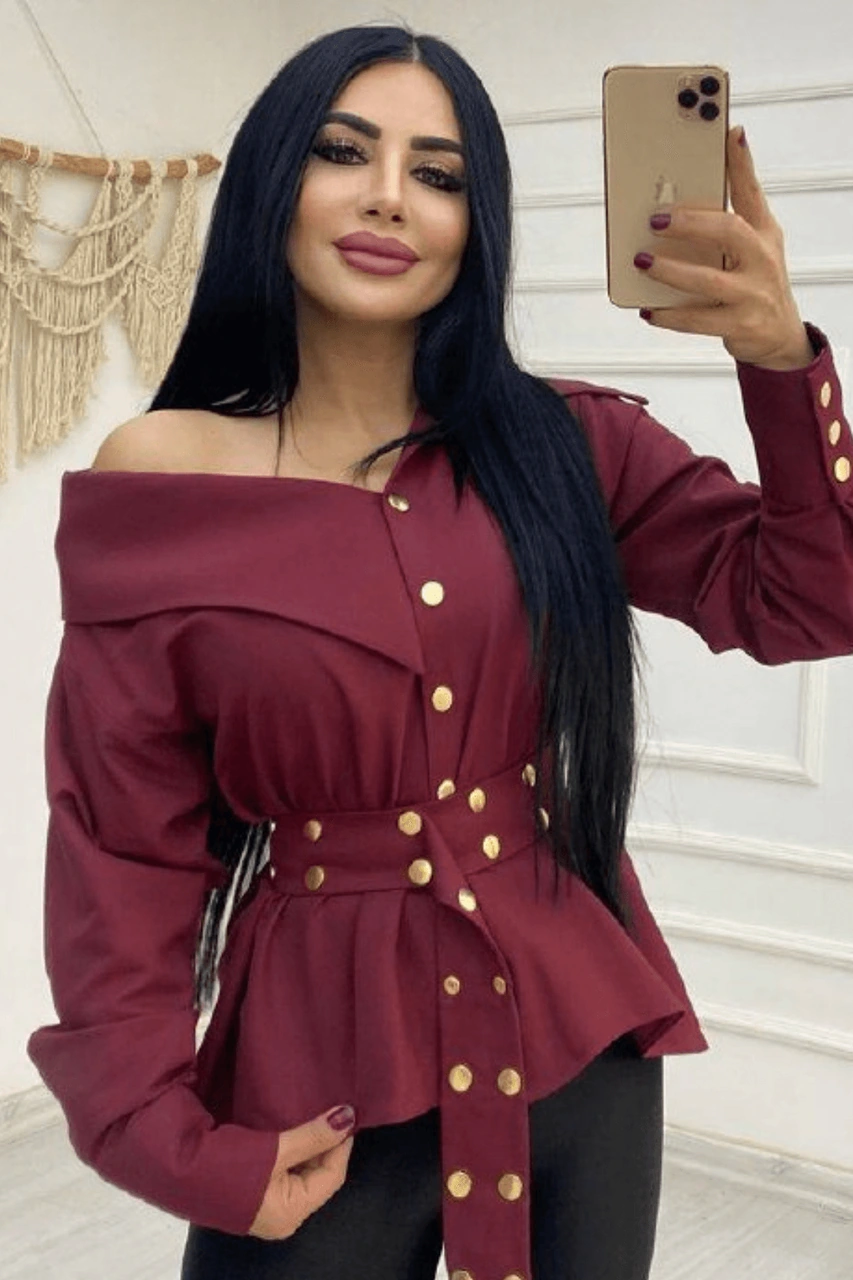 Kadın Artizon Geniş Yaka Belinde Kuşak Gömlek Bordo