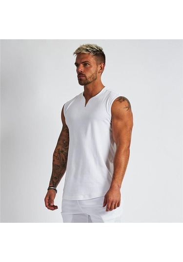 Beyaz Spor Giyim Kas Spor Yelek Erkekler Yaz V Yaka Tanktop Erkekler Vücut Geliştirme Spor Giyim Egzersiz Kolsuz Tişört