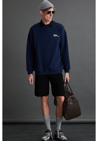 Ernest Erkek Yumuşacık Içi Polarlı Baskı Detaylı Organik Pamuk Oversize Lacivert Sweatshirt