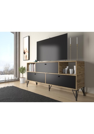 Wood'n Love Mia 160 Cm Metal Ayaklı Tv Ünitesi - Konsol - Atlantik Çam - Siyah / Siyah