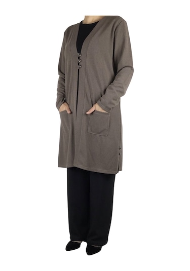 Kadın Önü Üç Düğmeli Mevsimlik Cepli Hırka Vizon