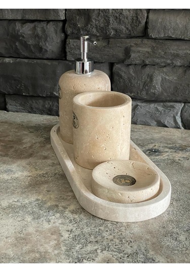 Light Traverten Doğal Taş 4'lü Elips Tepsili Banyo Seti Beyaz