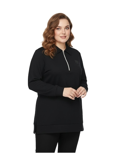 Caftan Kadın Polo Yakalı Önü Fermuarlı Bluz Bgl-st05088 Siyah