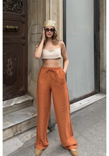 Pembe Keten Karışımlı Bol Kesim Pantolon Kiremit