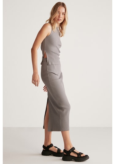 Ethıquet Lauren Kadın Slim Fit Fermuar Detaylı Midi Gri Etek
