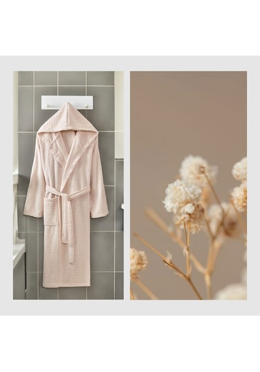 2 Li Kapşonlu Unisex Banyo Bornozu Seti %100 Soft Pamuklu Antasit-bej