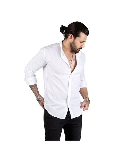 Deepsea Erkek Beyaz Çizgili Likralı Hakim Yaka Gömlek Beyaz