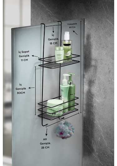 Dayanıklı Paslanmaz 2 Katlı Askılı Duş Rafı Sabunluk Şampuanlık Duşakabin Askısı Siyah