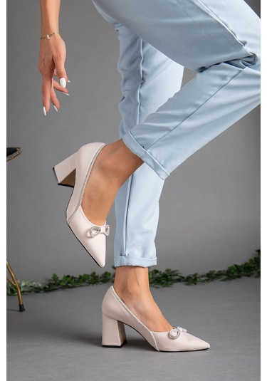 Saten Taşlı Kalın Topuk Ten Kadın Stiletto-2030-TEN