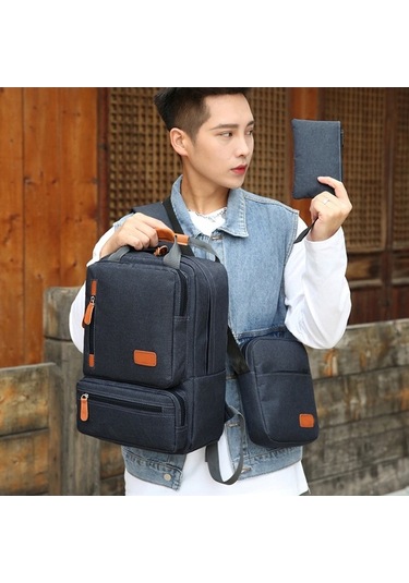 Fastbuy Dış Mekan Seyahati İçin 3'lü Set: Dikişli Laptop Sırt Çantası, Orta Çanta, Küçük Cep - Mavi Mavi MAVİ