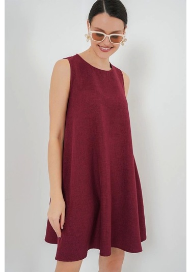 2444 Mini Keten Elbise - Bordo Bordo