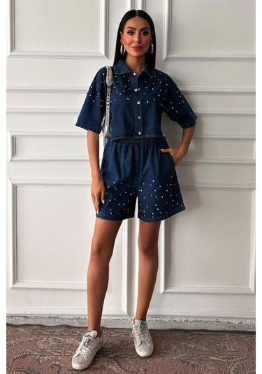 Taş Detaylı Gömlek Şort Denim Takım 10175 Deni M