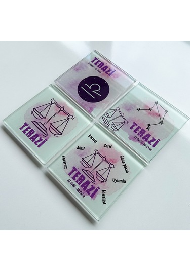 Decorita Cam Bardak Altlığı Burçlar - Terazi Burcu 4'lü Takım Çok Renkli