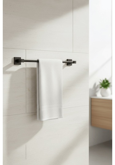 Siyah Yapışkanlı Uzun Havluluk Kare Topuzlu, Yapıştır/vidala Montajlı Dayanıklı Metal Askı - S-101 - Kts Siyah