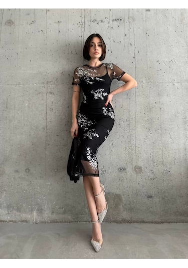 Kadın Baskılı Şifon Kimono Elbise - Siyah Siyah