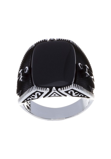 925 Ayar Gümüş Oniks Taşlı Çapa Detaylı Erkek Yüzük