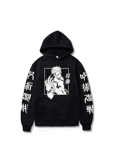 Japon Anime Komik Sukuna Baskılı Grafik Kapşonlular Kış Polar Spor Gömlek Japon Tarzı Jujutsu Kaisen Sweatshirtler Harajuku Sokak Giyimi Kadınlar İçin Siyah