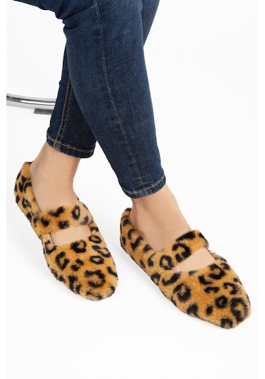 Leopar Ultra Yumuşak Peluş Kadın Ev Babeti Hafif Taban Panduf Leopar
