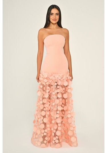 Krep Eteği 3 Boyutlu Tül Uzun Abiye Elbise Alfa Beta B7067 Somon