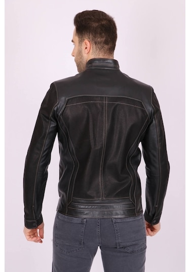 Erkek Siyah Hakiki Deri Hakim Yaka Biyeli Spor Mont