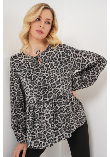 Kadın Desenli Uzun Kol Bluz 970 - Antrasit Antrasit