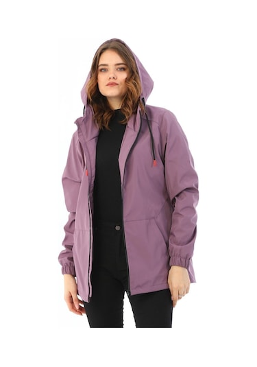 Kadın Astarlı Su Geçirmez Ve Rüzgara Dayanıklı Kapüşonlu Iç Cepli Yağmurluk - Rüzgarlık Mürdüm