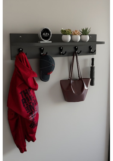 Alpa Ev Mobilya 5 Askılı Raflı Portmanto, Elbise Askılığı, Modern Duvar Organizer Askılık Antrasit