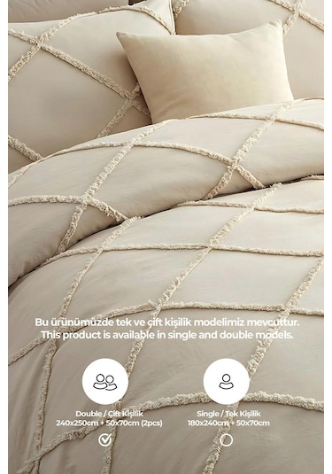 Evlen Home Pamuklu Aimar Yatak Örtüsü Takımı Çift Kişilik Günlük Boho 3 Parça Elyaf Dolgulu Bej Bej