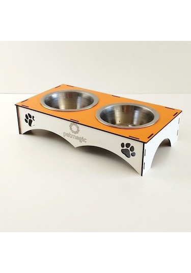 Petmagic 2'li Mama Kabı Ikili Ahşap-Çelik Mama Kabı Turuncu