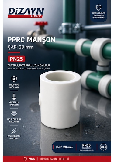 Dizayn Pprc Manşon 20 Mm 100 Adet Pn25 Temiz Su Tesisat Ek Parçası