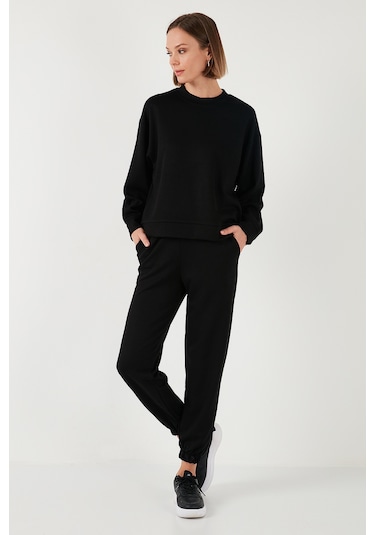 Lela Streç Bisiklet Yaka Oversize Fit Scuba Bayan Sweat 5865879 Siyah