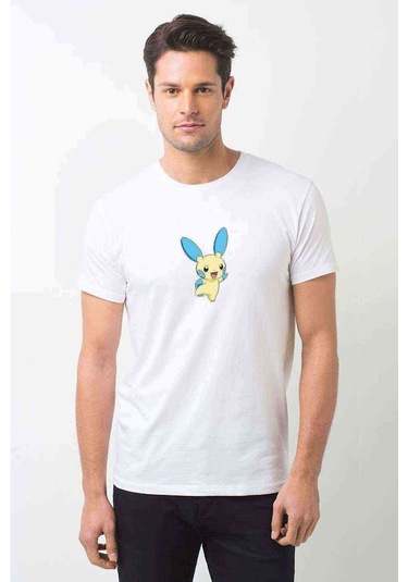 Pokemon Karakter Çizimi Minun Pokemon Baskılı Beyaz Erkek Tshirt