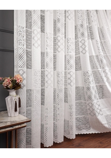 Taç Patchwork Desen Örme Tül Perde, 1/3 Sık Pile, Tek Kanat, Ekru