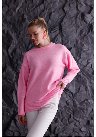 Bisiklet Yaka Oversize Basic Triko Kazak Pembe