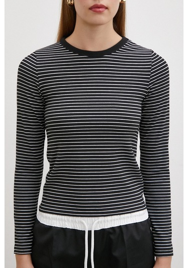 Bisiklet Yaka Çizgili Bluz Siyah Siyah
