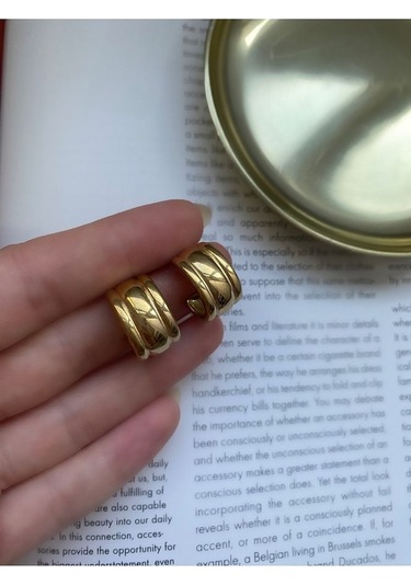 Vintage Çizgili Yarım Halka Çelik Kararmaz Küpe Çifti Altın