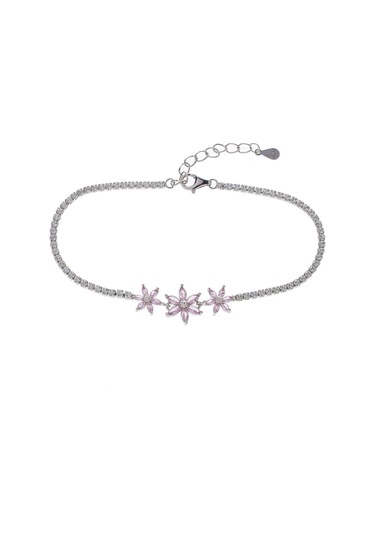 3'lü Çiçek Model Pembe Zirkon Taşlı 925 Ayar Gümüş Kadın Bileklik Gümüş