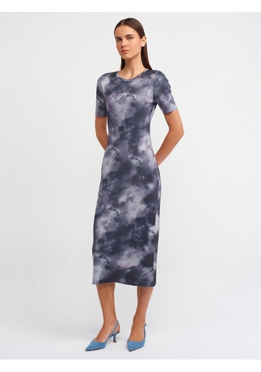 Dilvin Bisiklet Yaka Kısa Kol Baskılı Triko Elbise Füme