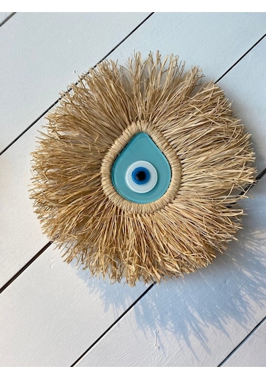 Damla Model Cam Nazar Boncuklu Turkuaz Renk Rafya Duvar Süsü M106