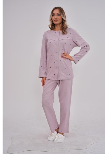 Mecit 6151 Bayan Lila Boydan Düğmeli Büyük Beden Pijama Takımı Lila
