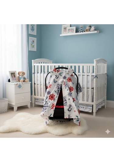 Denizci Temalı Bebek Puset Örtüsü Çapa & Dümen Desenli Çıt Çıtlı Puset Örtüsü Açık Mavi