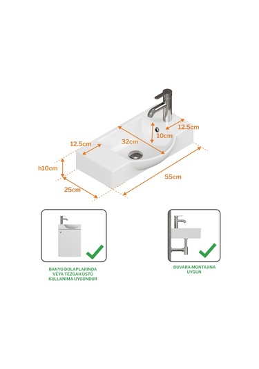 Aqua Bagno Minizia 55x32x10 Cm Beyaz Seramik Lavabo Taşma Delikli 34.30.55.1.tr Beyaz
