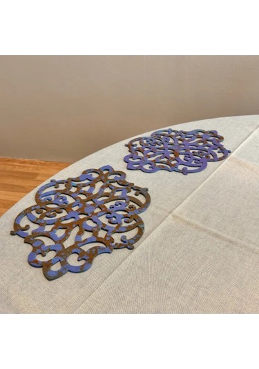 Uretti - Gülin 6449 - Ebru Sanatı İle Elde Yapılmış Lazer Kesim Keçe Supla 2li Takım 40cm - Mavi Mavi