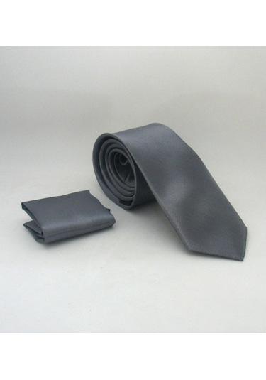 Füme Slim Fit Düz Renk Mendilli Saten Kravat - SS-05 Füme