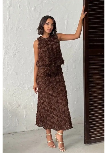 Gül Desenli Tül Etek Kahve