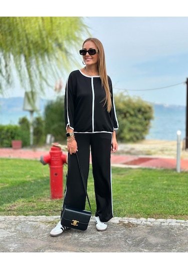 Sensuelle Kadın Bisiklet Yaka Truvakar Kol Biye Detay Bluz Ve Yüksek Bel Lastikli Pantolon Ikili Takım Siyah